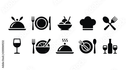 Food icons set, plate with fork knife and spoon cutlery symbols vector illustration for restaurant menu, catering and tableware design.