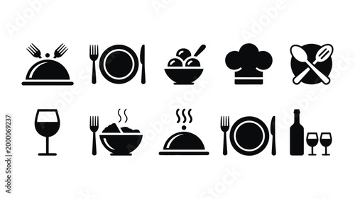 Food icons set, plate with fork knife and spoon cutlery symbols vector illustration for restaurant menu, catering and tableware design.