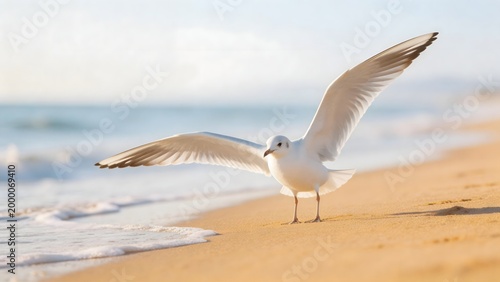 Seagull on beach with wings spread