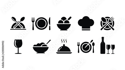 Food icons set, plate with fork knife and spoon cutlery symbols vector illustration for restaurant menu, catering and tableware design.