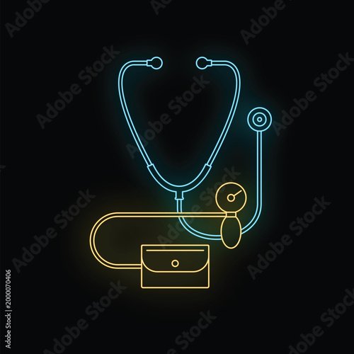 Medical instruments for diagnostics glowing with blue and yellow neon lines on a dark background