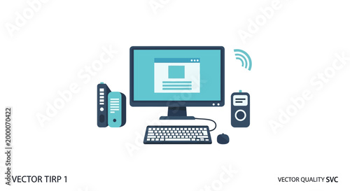 Modern computer setup with desktop, keyboard, mouse, and external hard drive on white background