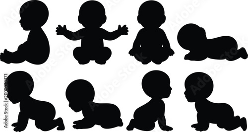 Setofeightdifferentblacksilhouettebabiesinvariousposesisolatedonwhitebackground