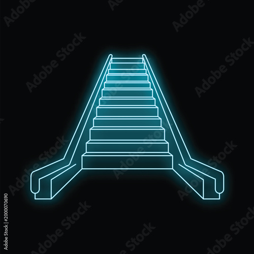 Neon blue escalator outline illustration representing upward movement or progress