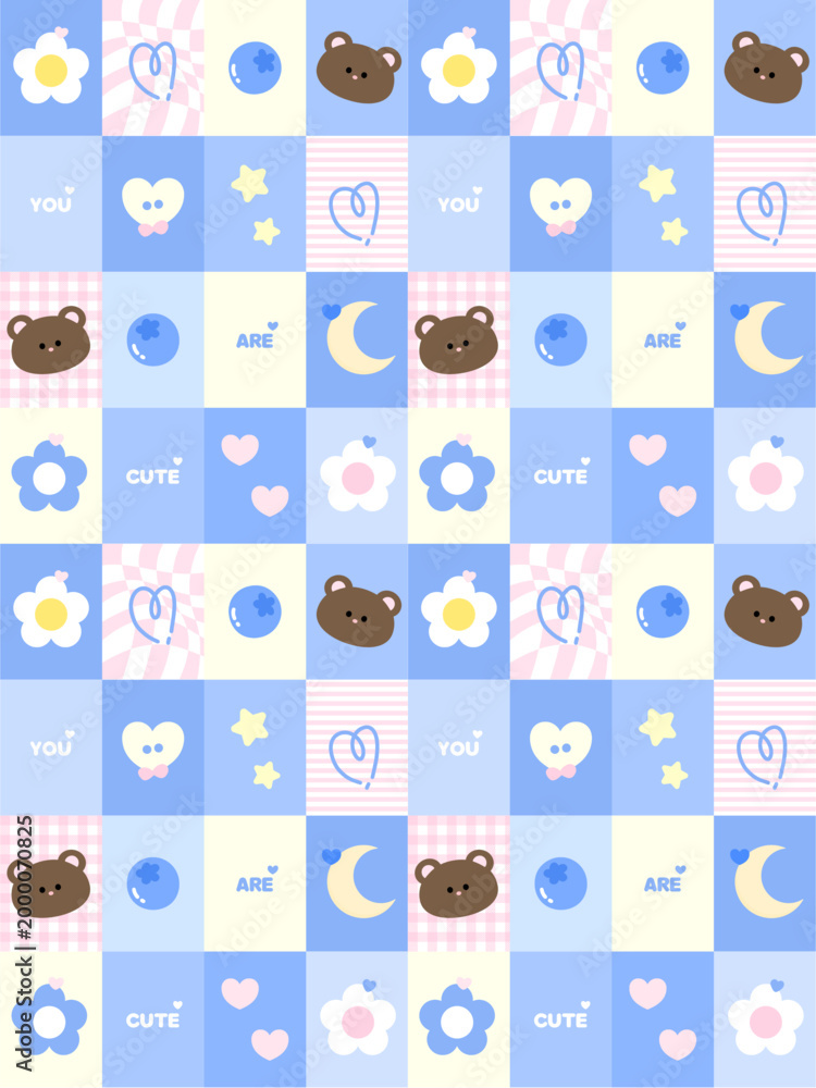 Fototapeta premium Cute Blue Kawaii Patchwork Seamless Pattern with Bear, Flowers, Moon and Hearts. Pastel Blue Cute Teddy Bear Seamless Pattern, Kawaii Icons Grid Background retro typography cute branding