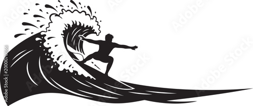 Black silhouette of surfer riding wave ocean surfboard