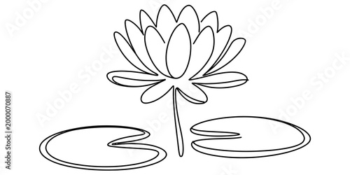 Simple line drawing of a beautiful water lily flower with two lily pads floating on the water surface in a minimalist art style Vector, illustration