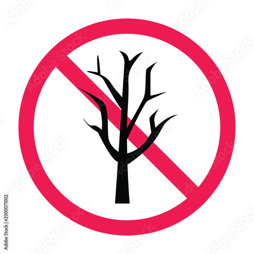Forbidden sign with leafless tree icon, dead tree warning symbol, dry season caution icon, barren tree prohibition icon