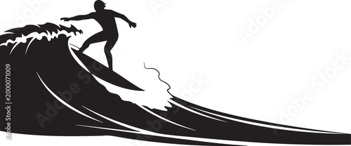 Black silhouette of surfer riding wave surfboard