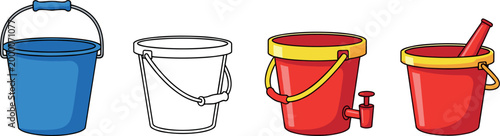 Various Colored Buckets with Handles and Attachments for Household, Cleaning, and Utility Uses in Red, Blue, and White