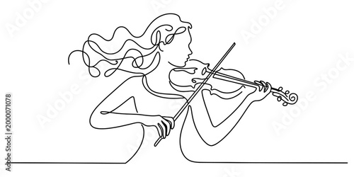Continuous line drawing of a woman playing the violin showing a graceful musician with long hair performing classical music art Vector, illustration