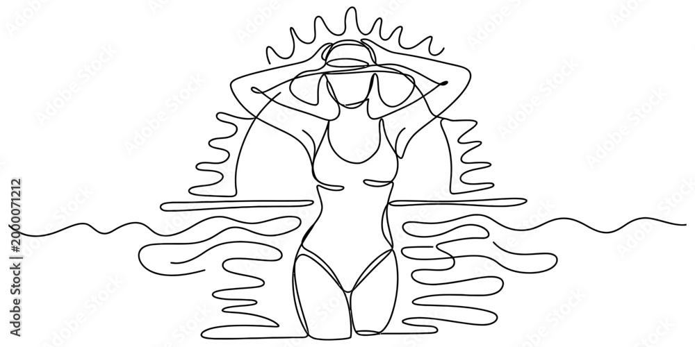 Fototapeta premium Continuous single line drawing of a woman in a swimsuit standing in the ocean during a beautiful golden sunset at the beach Vector, illustration