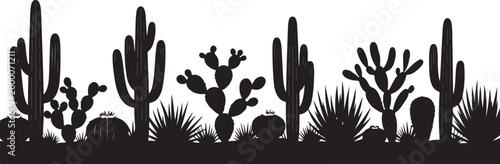 Black silhouette of various cacti and desert plants