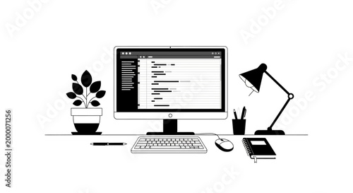 Modern Minimalist Desktop Workspace with Computer, Lamp, and Plant