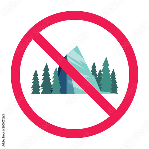No climbing ice mountain sign, no entry to ice mountain area symbol, avalanche risk area warning sign, keep out ice mountain area icon
