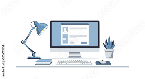 Modern Office Desk with Computer, Lamp, and Plant - Flat Design