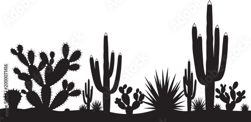 Black silhouette of various cacti and desert plants