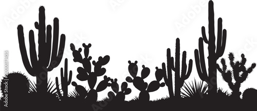 Black silhouette of various cacti and desert plants on cactus