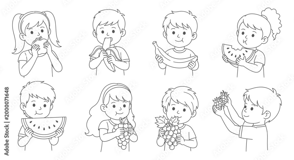 Naklejka premium Children eating various fruits.