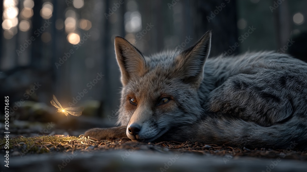 Fototapeta premium Young Fox Curled Up on Forest Floor Looking Toward Bright Glow in Nature