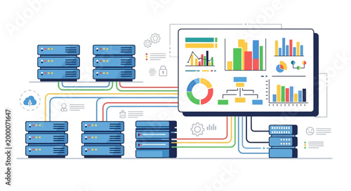 Server Rack Network Data Analysis and Cloud Computing Illustration