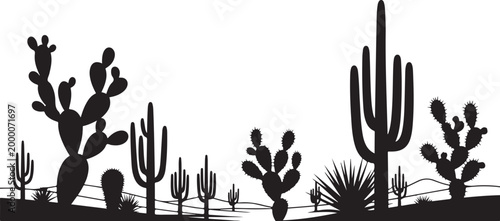 Black silhouette of various cacti on desert landscape cactus