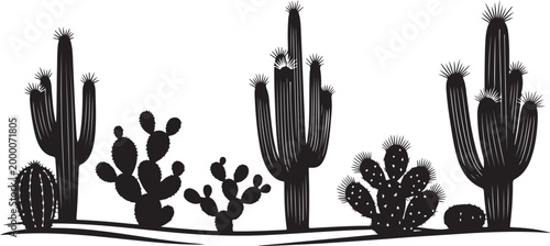 Black silhouette of various cacti on white background cactus