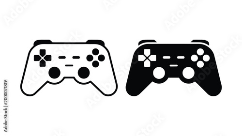 Gaming gamepad icon set, play station controller and joystick console with directional pad in flat and line vector style illustration.