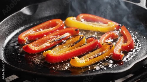 Sizzling Bell Peppers - Cooking in Cast Iron Pan, Close-Up.