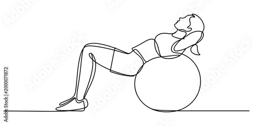 Continuous single line drawing of a woman doing abdominal crunches workout exercise on a stability fitness ball in a gym setting Vector, illustration