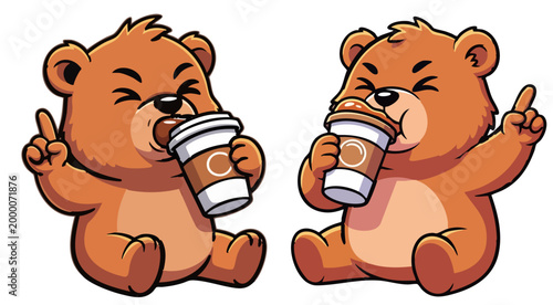 Cute cartoon bear drinking coffee vector, funny grizzly bear character with espresso cup, brown teddy bear mascot enjoying morning caffeine