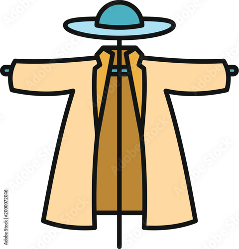 Scarecrow wearing hat and coat standing in a field as bird repellent