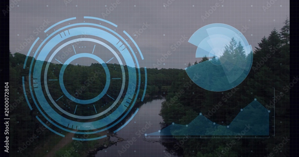 Fototapeta premium Hovering blue HUD reticle left-center overlaying river valley, showing stream, charts and grid