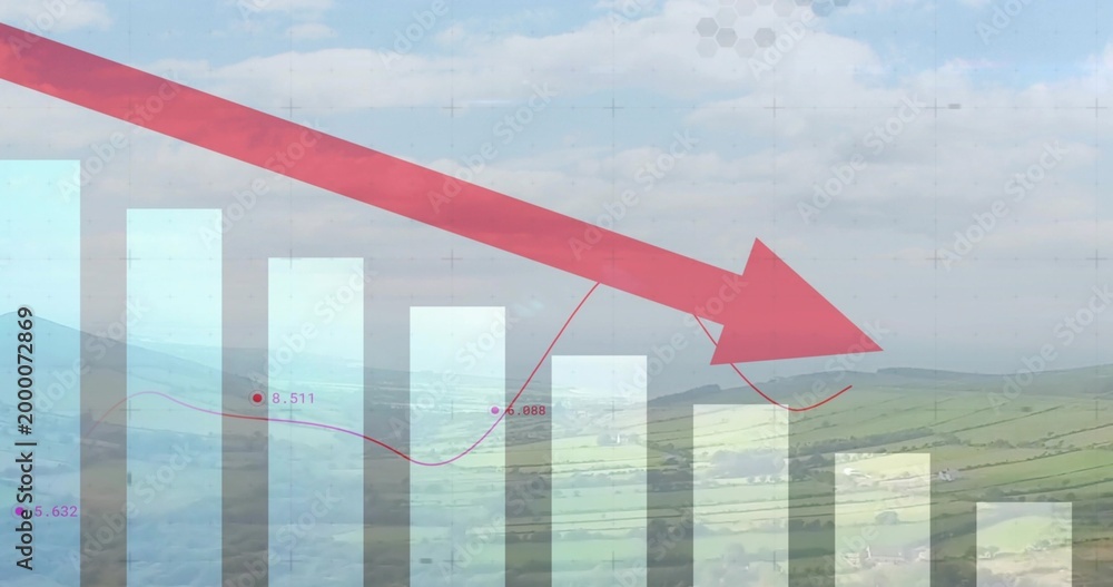 Fototapeta premium Displaying chart overlay on rolling hills, showing faint bars, red arrow and magenta trend line