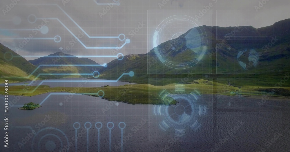 Obraz premium Showing central freshwater lake, grassy peninsula and islet in highland loch, circuit HUD overlay