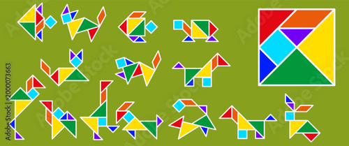 Tangram game stickers editable vector set