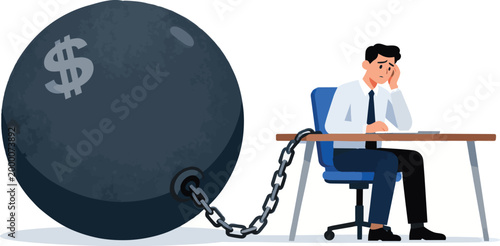 Businessman Chained to Heavy Ball Debt Financial Burden and Economic Pressure Concept