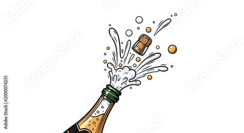 Champagne bottle popping, cork flying, celebration icon, party illustration, festive graphic