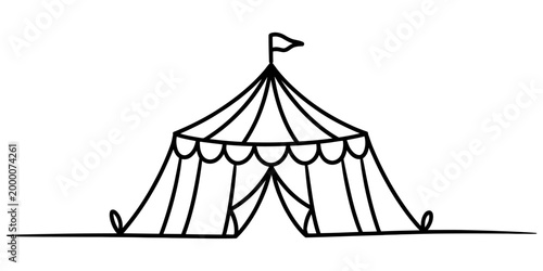 Black and white line art drawing of a circus tent with a flag on top for entertainment design and carnival themed projects Vector, illustration