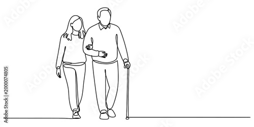 Young woman helping an old man walking with a cane drawn in a continuous line art style for family health and elderly care concepts Vector, illustration