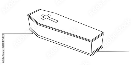 Continuous single line drawing of a wooden funeral coffin with a christian cross symbol on top for burial and death concept art Vector, illustration