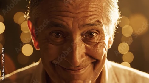 Smiling Elderly Man - Joyful Portrait with Warm Bokeh Background.