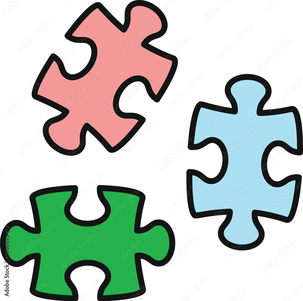 Fototapeta premium Three colorful puzzle pieces depicting connection, teamwork, and solution discovery