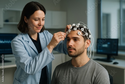 Female scientist adjusting EEG cap on male patient in neuroscience lab with EEG data on monitor in background during brain activity test.. Ai generative