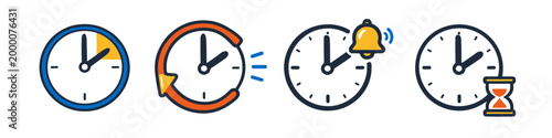 Collection of clock icons representing time management, deadlines, and alarms