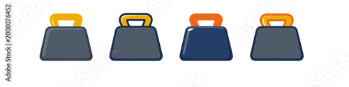 Set of four stylized weights, two grey and two blue, with yellow and orange handles