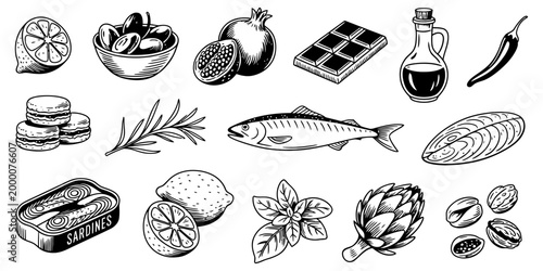 Hand drawn food collection including fish olives lemon chocolate oil chili rosemary sardines and fresh vegetables for healthy cooking and diet