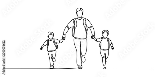 Continuous single line drawing of a father holding hands with his two little sons running to school with backpacks on their backs in simple style