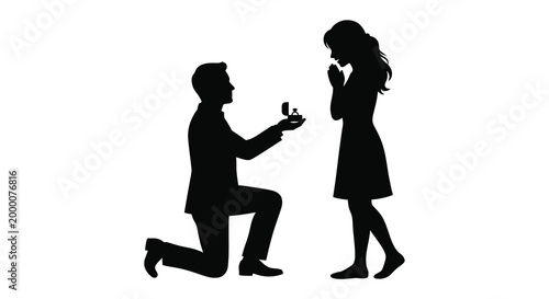 Silhouette of a man proposing to a woman romantic gesture