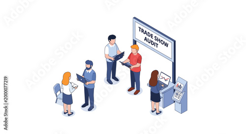 Isometric illustration of people attending a trade show event.